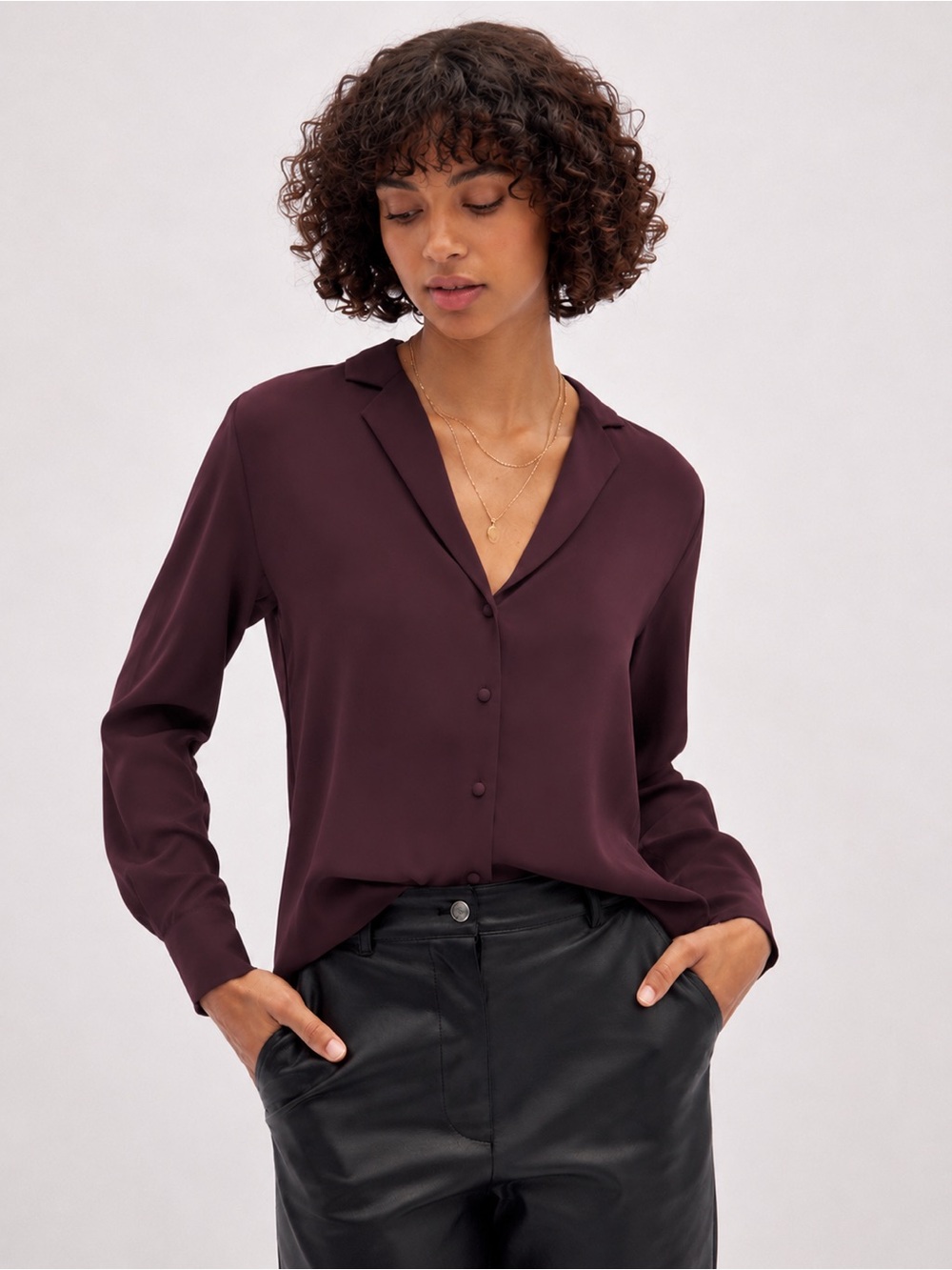 Wilfred Tulum Button-Up Matte Satin Shirt in Plum